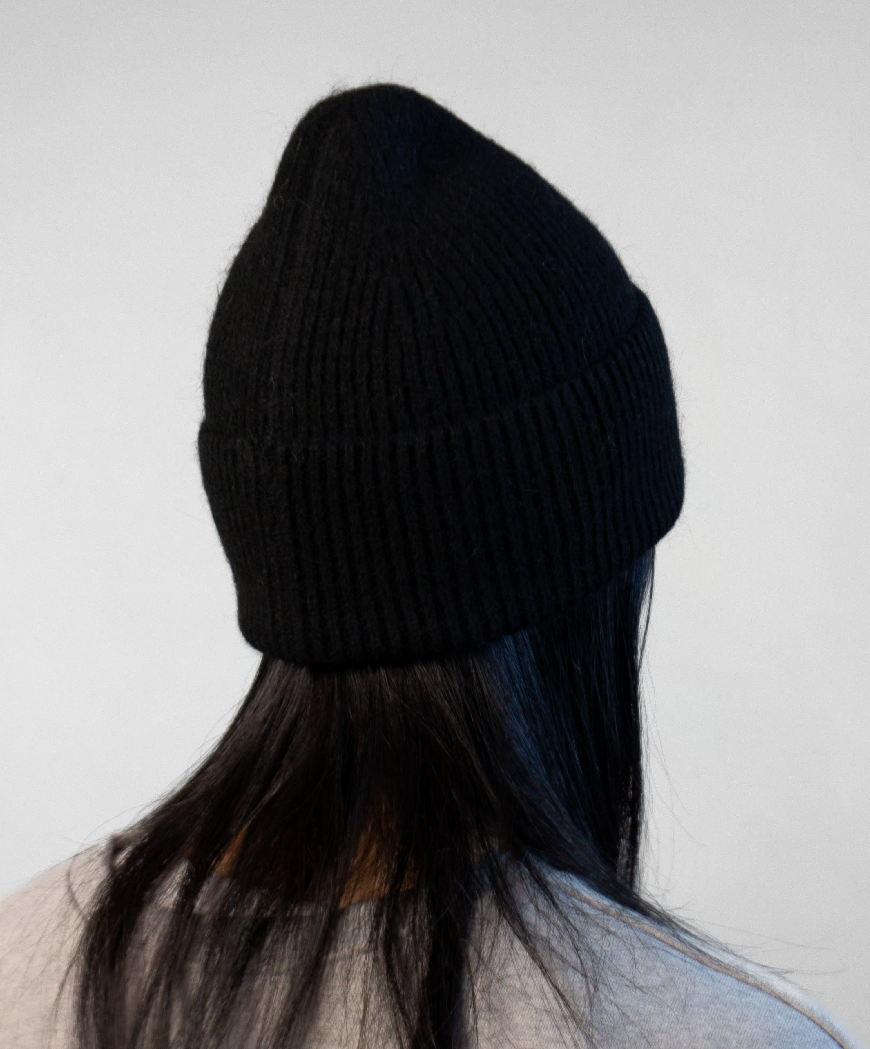 Side profile of angora knit beanie